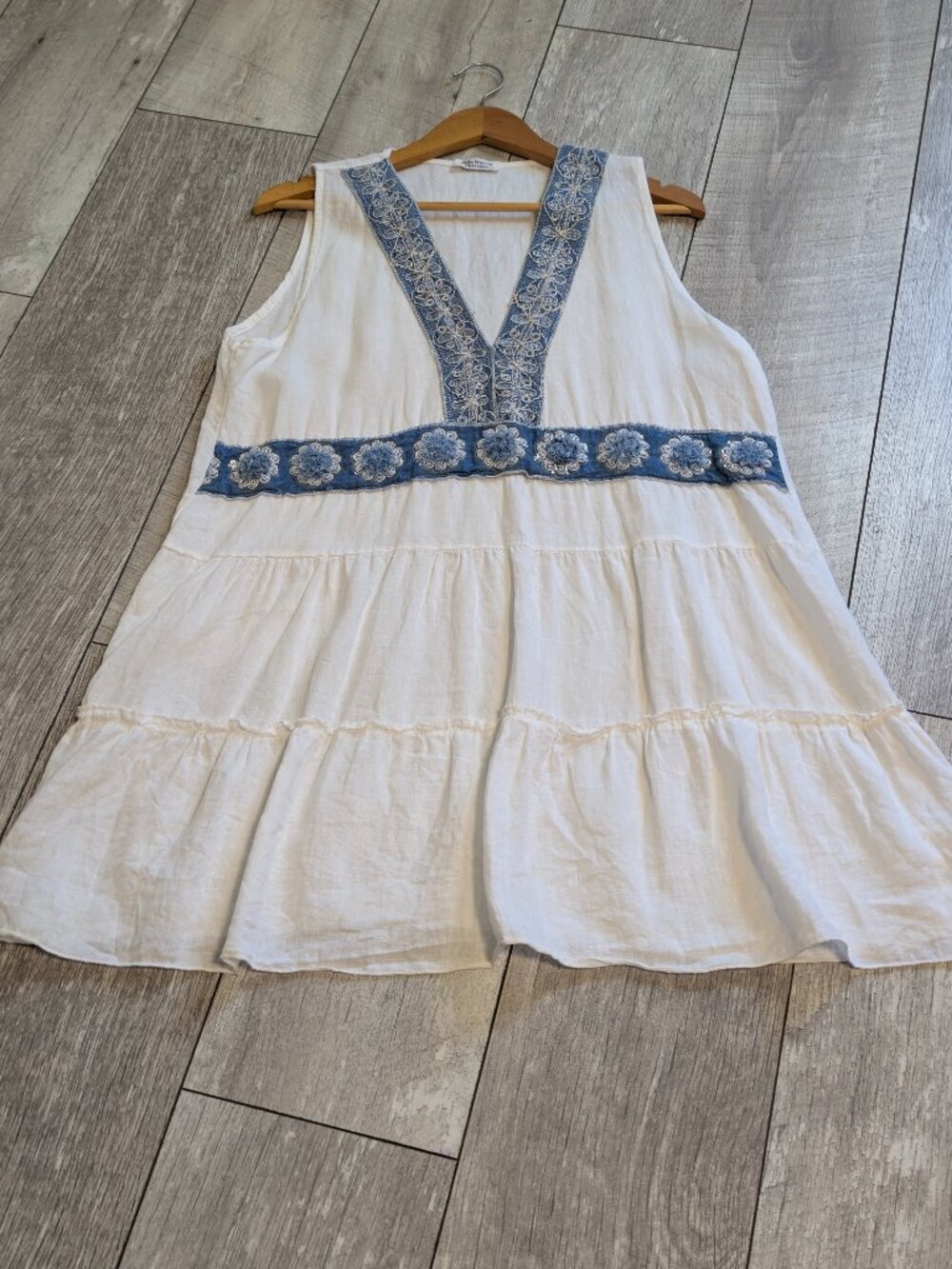Italian Positano Linen Embroidered Mini Dress Blue White Tiered Resort Beachy L - Picture 7 of 12